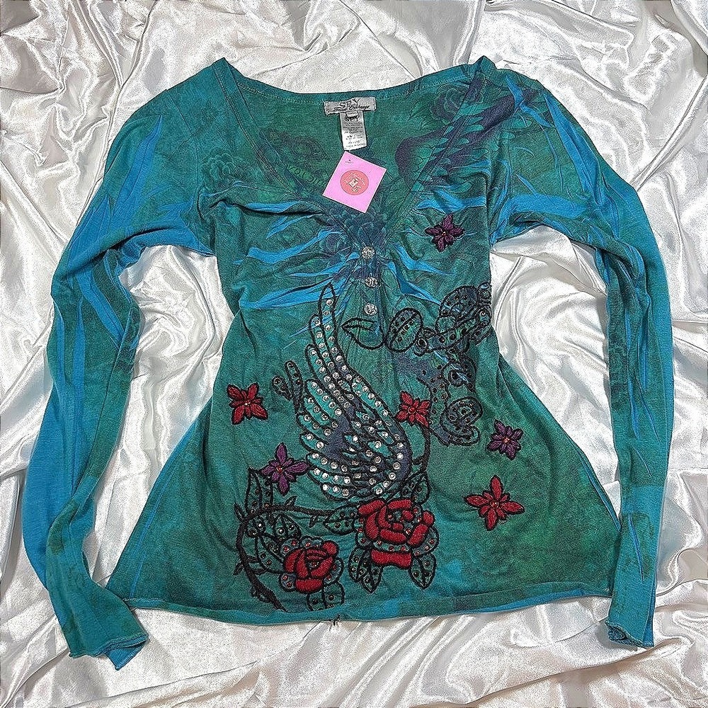 y2k Spy Zone Exchange Top Teal Embroidered Rhinestone Wing Roses L